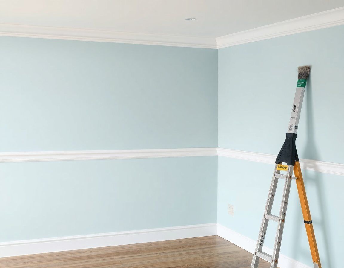 Habitación con paredes azul claro, molduras blancas y una escalera con rodillo apoyada en la pared